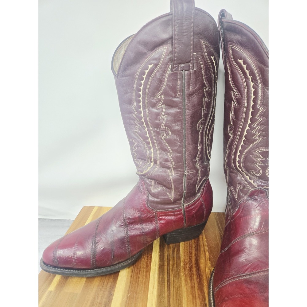 Villano Burgundy Blood Red Eel Skin Western Cowboy Boots Mens Size 7.5 VINTAGE - Picture 4 of 12